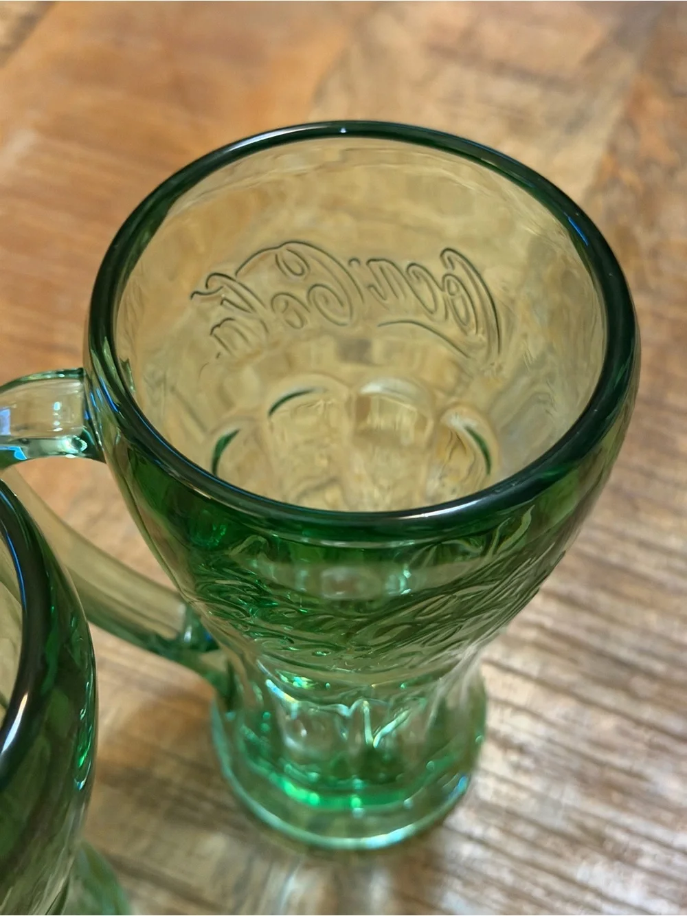 2 Vtg LIBBEY Coca Cola Coke Logo Heavy Green Glass Mugs With Handle Drink ware